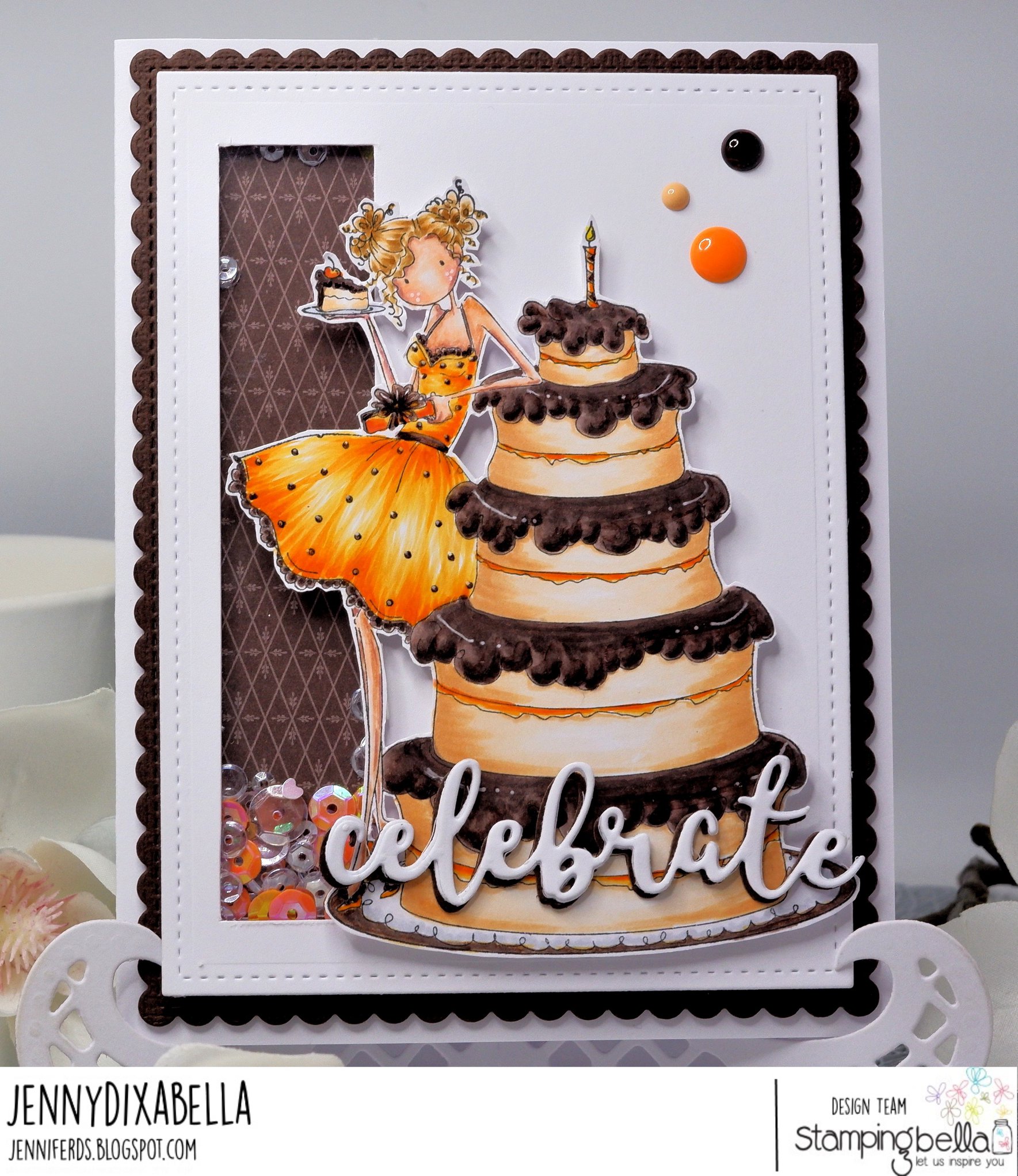 www.stampingbella.com: Rubber stamp used: UPTPOWN GIRL BIANCA and her BIG CAKE. card by JENNY DIX