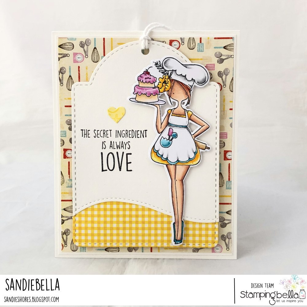 www.stampingbella.com: rubber stamp used: CURVY GIRL BAKER. card by Sandie Dunne