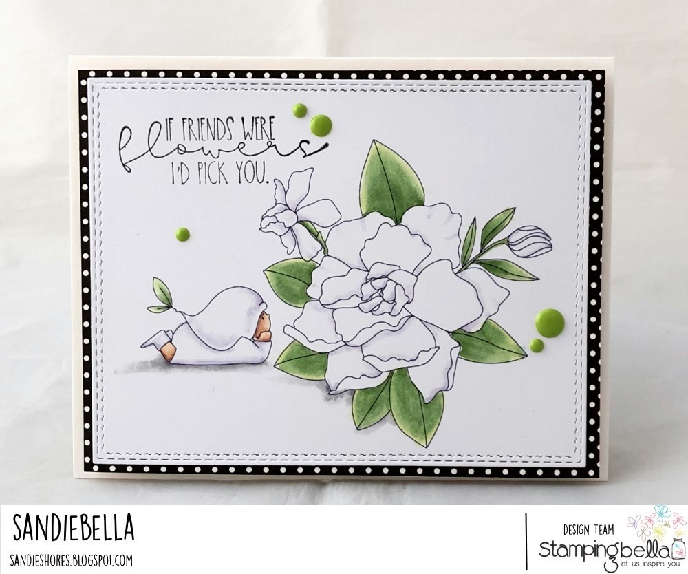 www.stampingbella.com: rubber stamp used:  BUNDLE GIRL with a GARDENIA card by SANDIE DUNNE