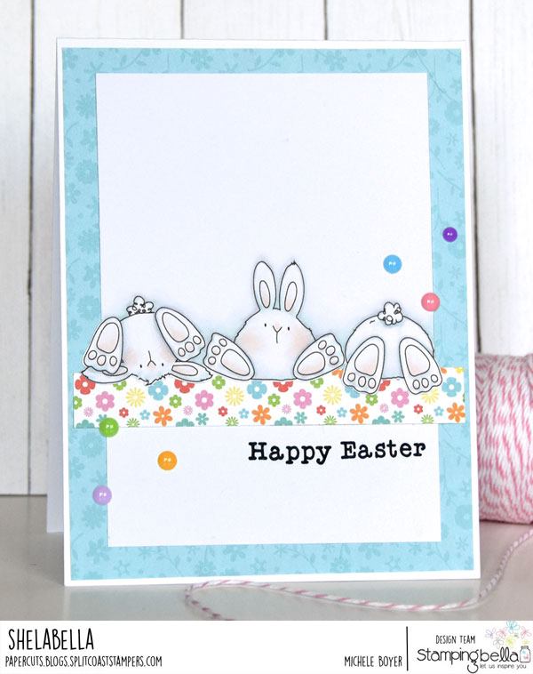 www.stampingbella.com: rubber stamp used: ROW OF BUNNY WOBBLES and CUT IT OUT DIE. Card by Michele Boyer