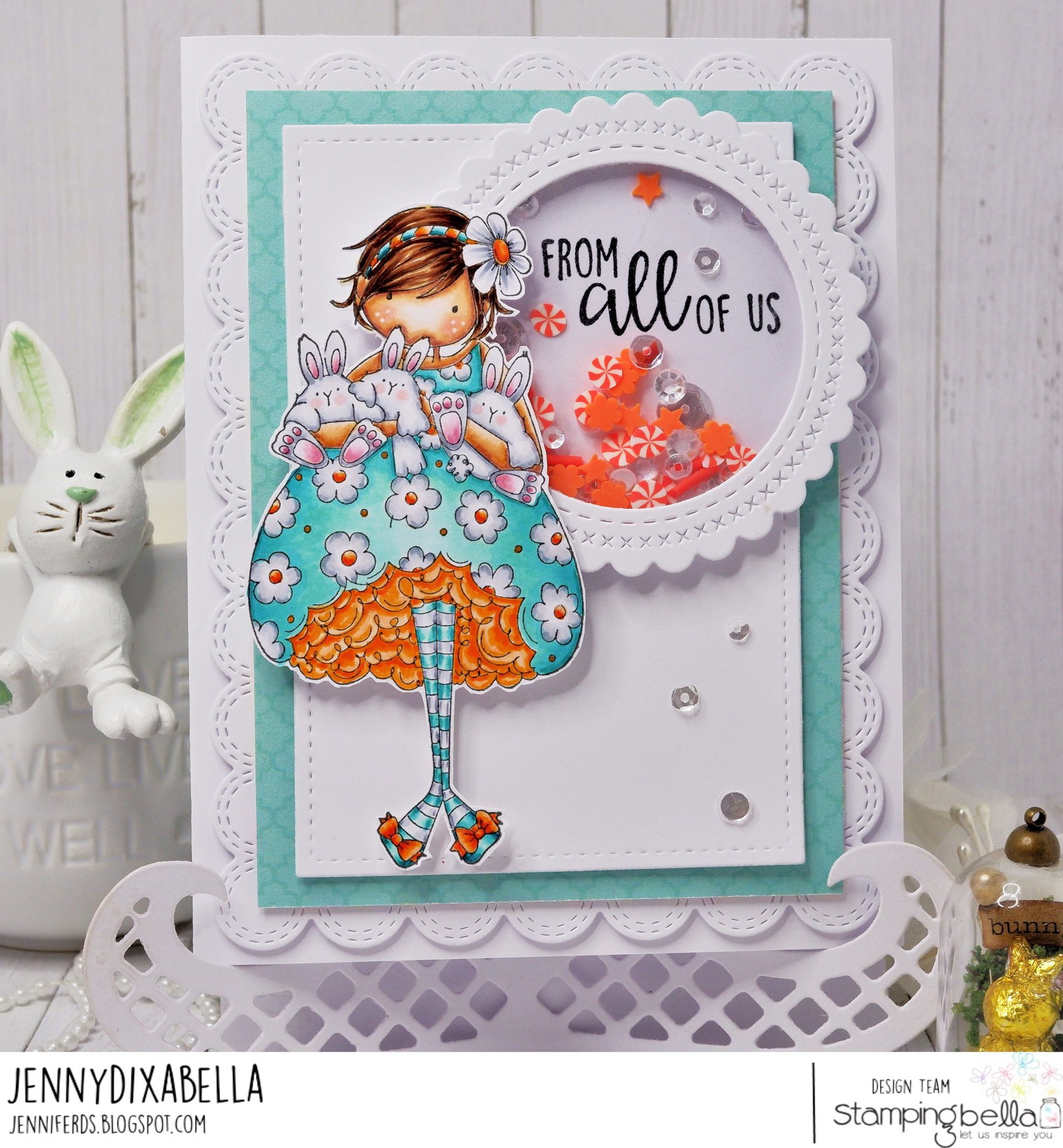 www.stampingbella.com: rubber stamp used: TINY TOWNIE BECKY LOVES BUNNYWOBBLES. card by Jenny Dix