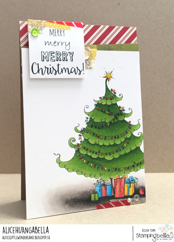 www.stampingbella.com: rubber stamp used:  UPTOWN CHRISTMAS TREE. card by Alice Huang