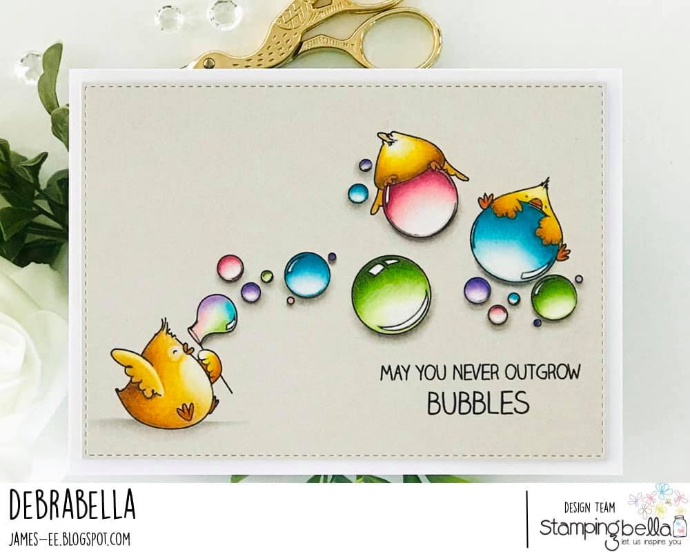 www.stampingbella.com: rubber stamp used: BUBBLE CHICKS. card by Debra James