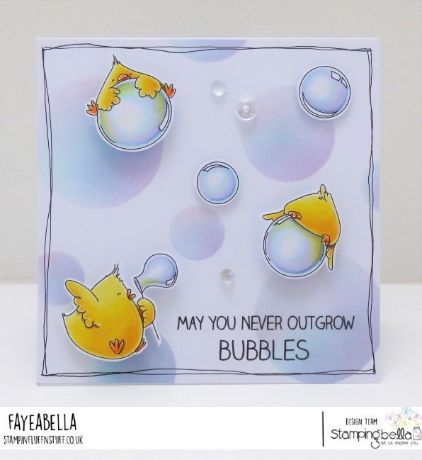 www.stampingbella.com: rubber stamp used: BUBBLE CHICKS. card by Faye Wynn Jones