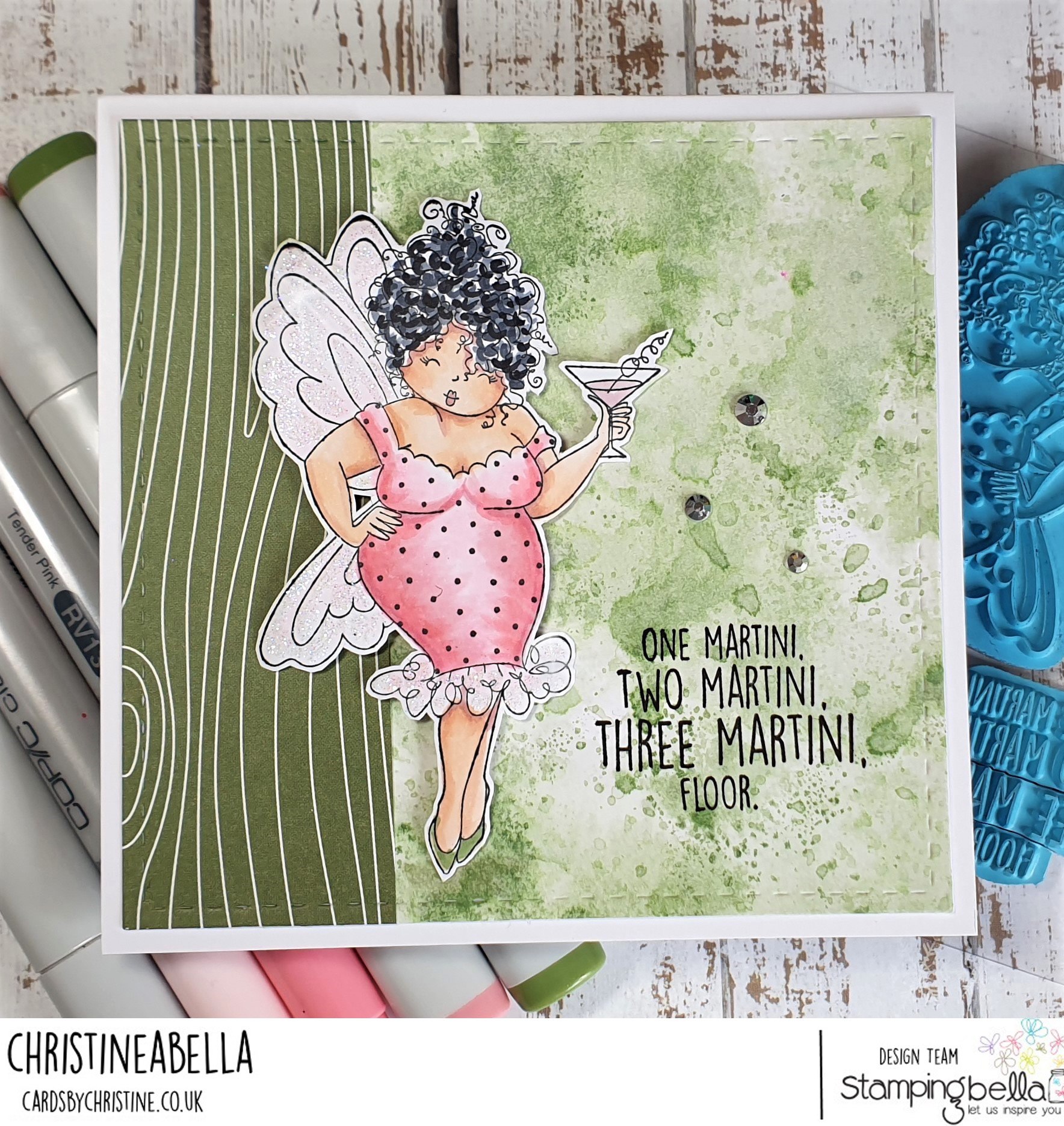 www.stampingbella.com: rubber stamp used: EDNA NEEDS A MARTINI card by CHRISTINE LEVISON