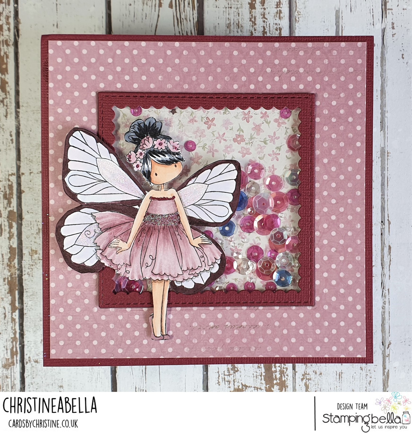 www.stampingbella.com: rubber stamp used: TINY TOWNIE BUTTERFLY GIRL BLANCHE. card by Christine Levison