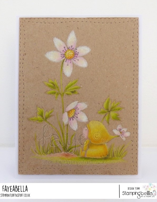 www.stampingbella.com: rubber stamp used: BUNDLE GIRL WITH A WOOD ANEMONE. Card by Faye Wynn Jones