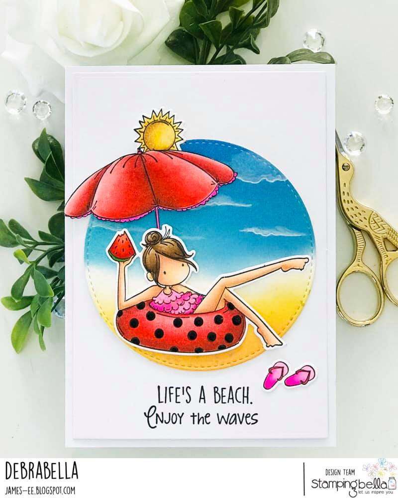 www.stampingbella.com: rubber stamp used: FRANCES LOVES TO FLOAT. card by Debra JAmes