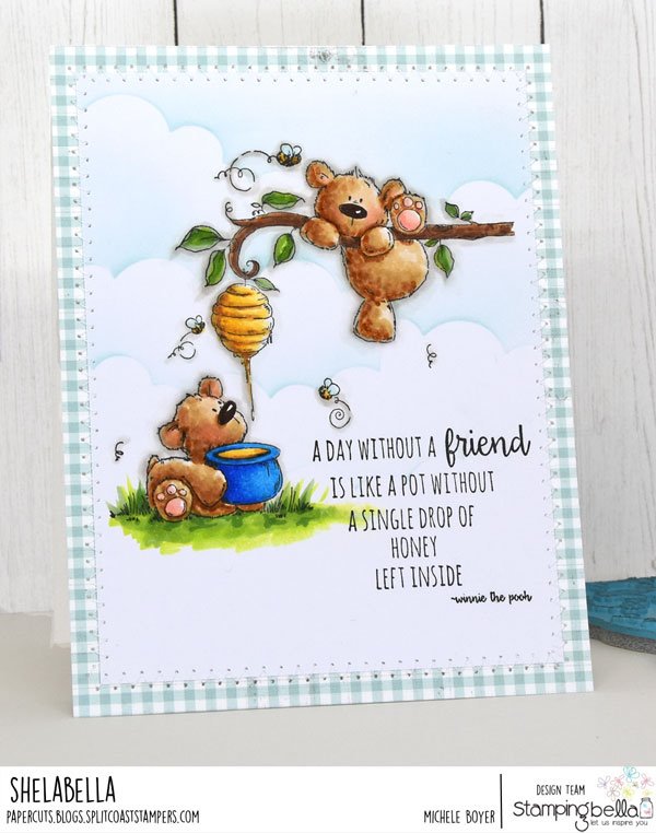 www.stampingbella.com: rubber stamp used: HONEYBEAR STUFFIES. card by MICHELE BOYER