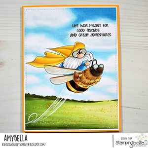 www.stampingbella.com: rubber stamp used: FLYING GNOME. Card by Amy Young