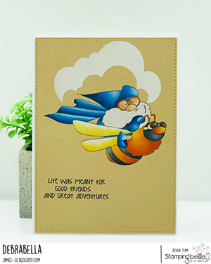 www.stampingbella.com: rubber stamp used: FLYING GNOME. Card by Debra James