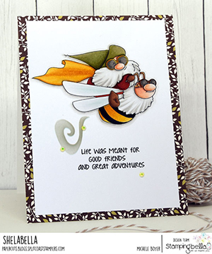 www.stampingbella.com: rubber stamp used: FLYING GNOME. Card by Michele Boyer