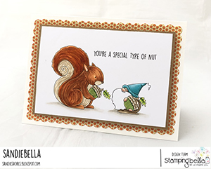 www.stampingbella.com: rubber stamp used: the gnome and the squirrel. card by Sandie Dunne