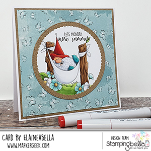 www.stampingbella.com: rubber stamp used: the gnome in the HAMMOCK card by Elaine Hughes