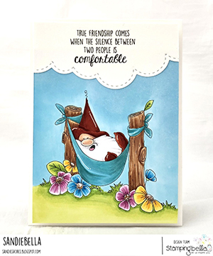 www.stampingbella.com: rubber stamp used: the gnome in the HAMMOCK card by Sandie Dunne