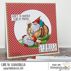 www.stampingbella.com: rubber stamp used: two gnomes and a keg card by Elaine Hughes