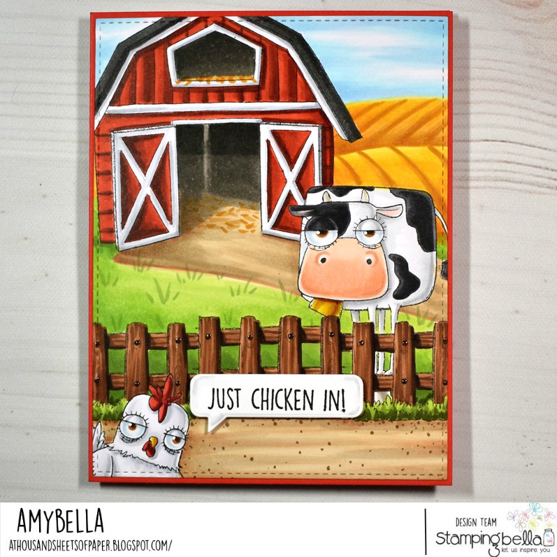 www.stampingbella.com: rubber stamps used: oddball farm animals set, oddball farm birds set, oddball barn, fence and hay set. Card by Amy Young