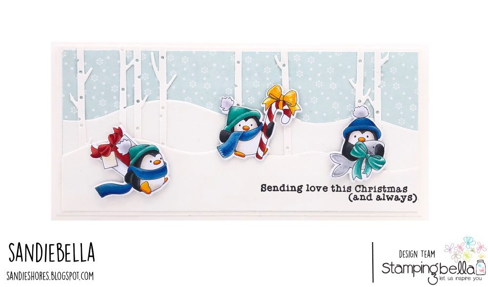 www.stampingbella.com: rubber stamp used PENGUINS BEARING GIFTS card by Sandie Dunne