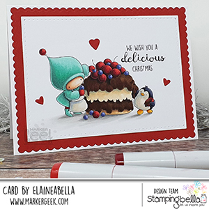 www.stampingbella.com: rubber stamp used BUNDLE GIRL and PENGUIN bake a cake card by Elaine Hughes 