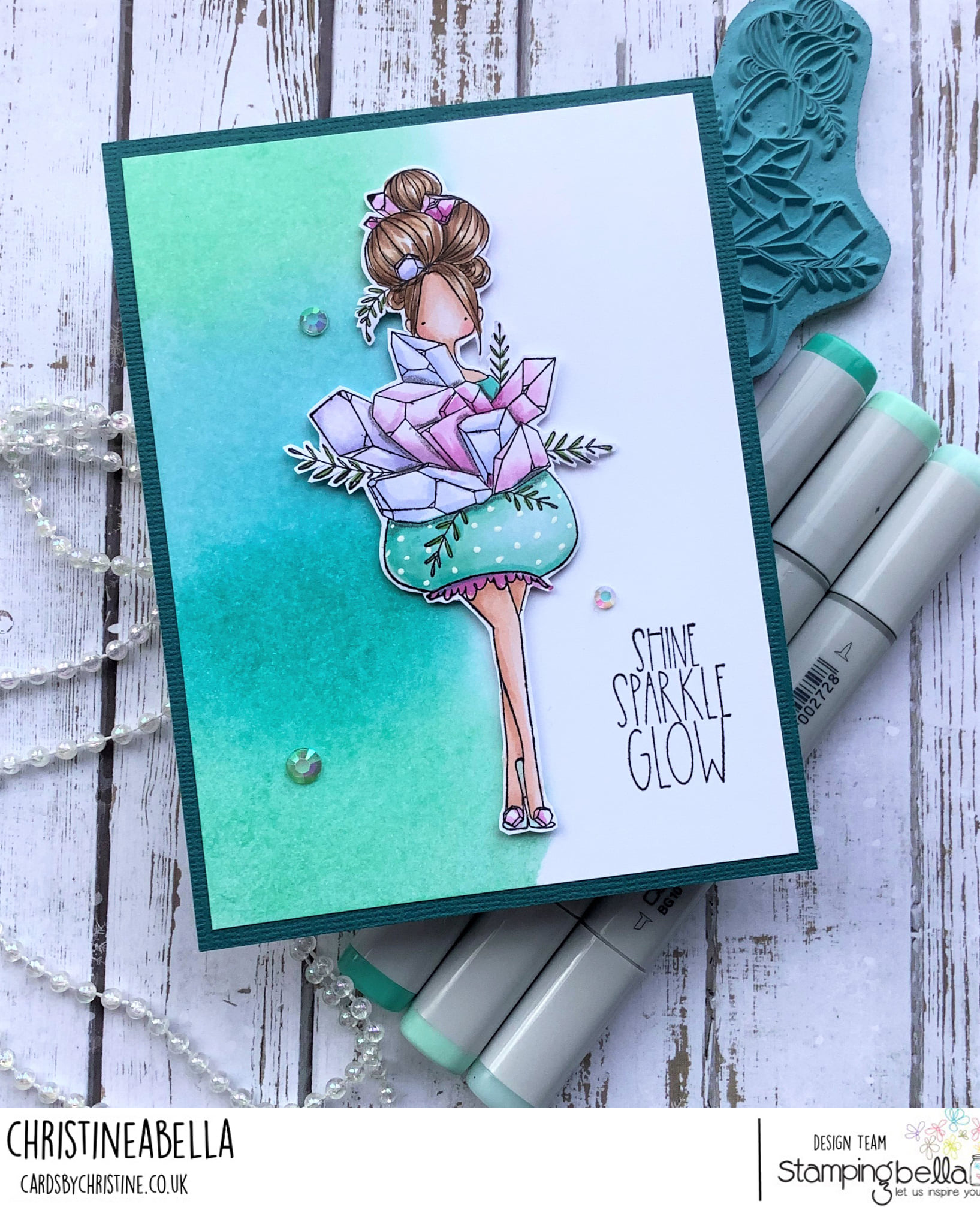 www.stampingbella.com: rubber stamp used CURVY GIRL COLLECTING CRYSTALS card by Christine Levison