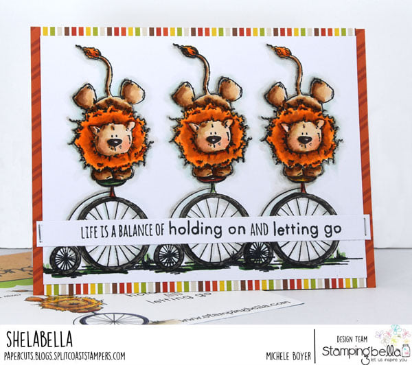 www.stampingbella.com : rubber stamp used-LEO THE BALANCING STUFFIE card by Michele Boyer