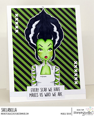 www.stampingbella.com: rubber stamp used MOCHI BRIDE OF FRANKENSTEIN card by Michele boyer