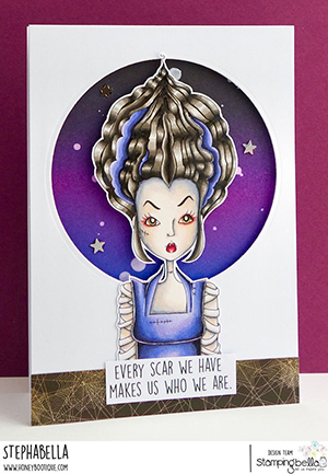 www.stampingbella.com: rubber stamp used MOCHI BRIDE OF FRANKENSTEIN card by Stephanie Hill