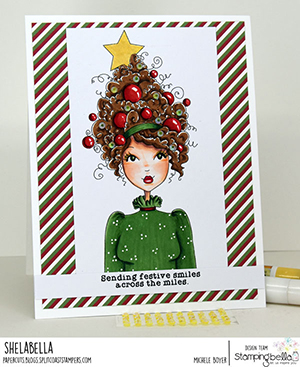 www.stampingbella.com: rubber stamp used: MOCHI CHRISTMAS GIRL card by Michele Boyer