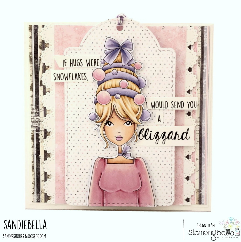 www.stampingbella.com: rubber stamp used MOCHI ORNAMENT GIRL card by Sandie Dunne