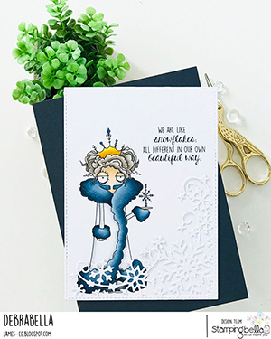 www.stampingbella.com: rubber stamp used: ODDBALL SNOW QUEEN card by Debra James