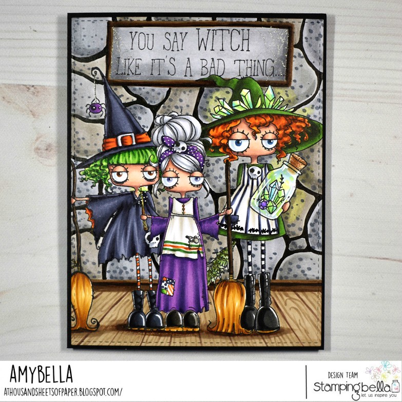 www.stampingbella.com: rubber stamp used: ODDBALL WITCH, ODDBALL CINDERELLA, SMUDGE AND CRYSTAL ODDBALL. Card by Amy Young