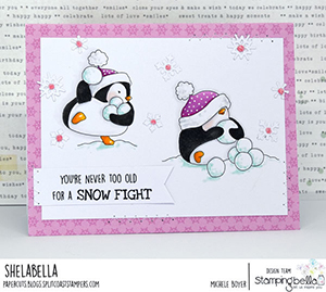 www.stampingbella.com: rubber stamp used SNOWFIGHT PENGUIN. Card by Michele Boyer