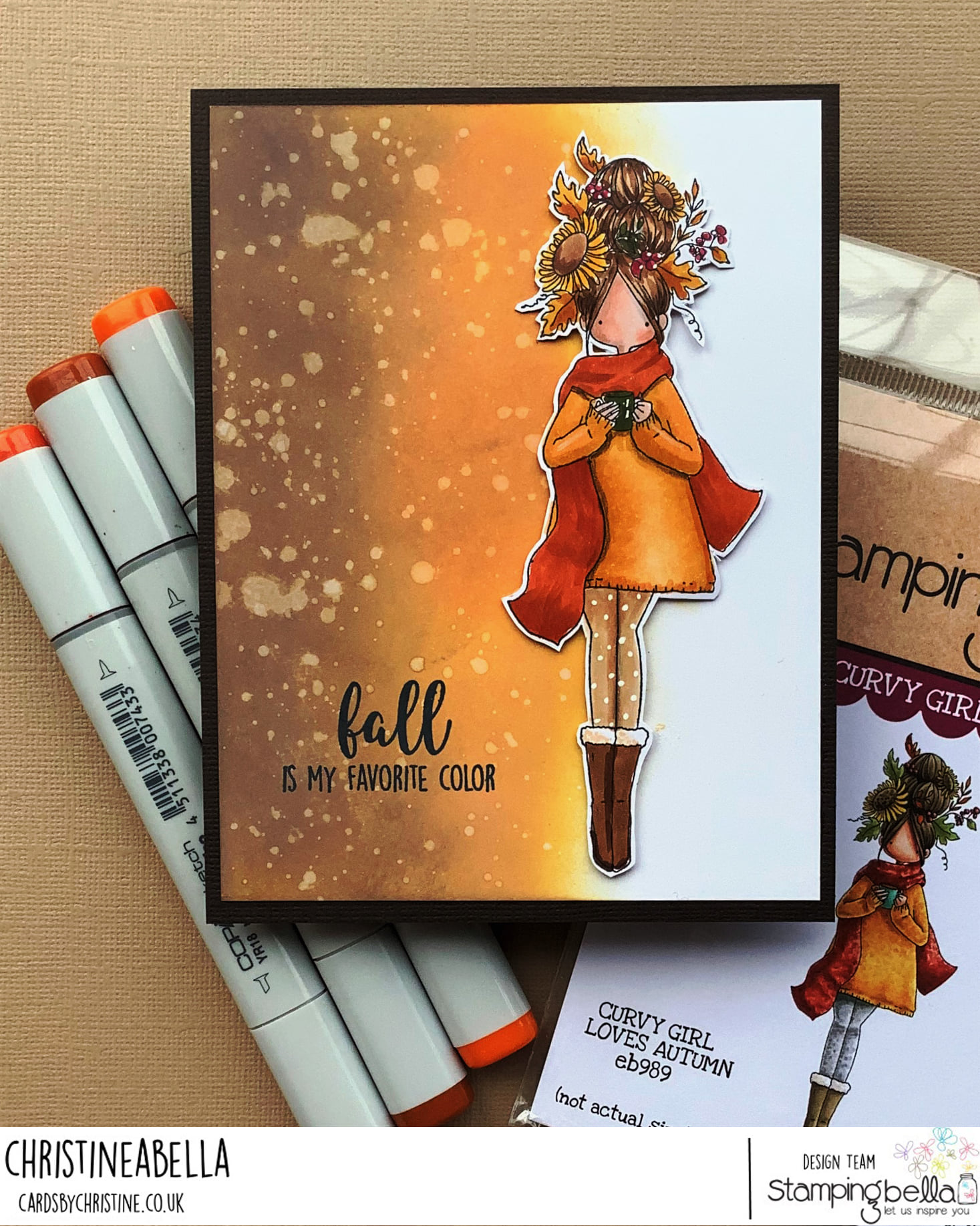 www.stampingbella.com: rubber stamp used: CURVY GIRL LOVES AUTUMN. Card by Christine LEVISON