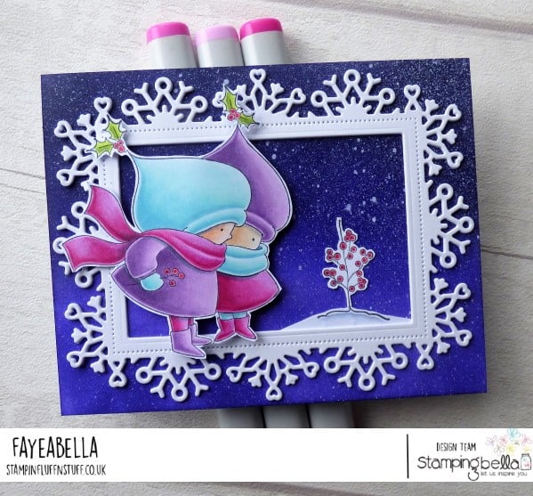 www.stampingbella.com: rubber stamp used: BUNDLE GIRL WINTER FRIENDS Card by FAYE WYNN JONES