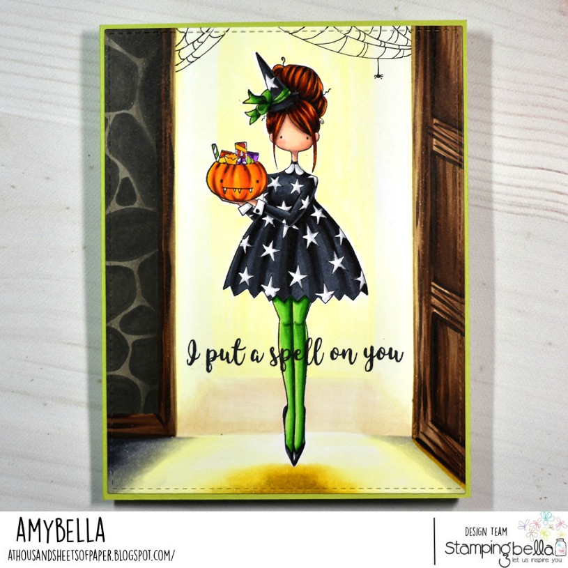 www.stampingbella.com: rubber stamp used CURVY GIRL LOVES HALLOWEEN card by Amy Yi=oung