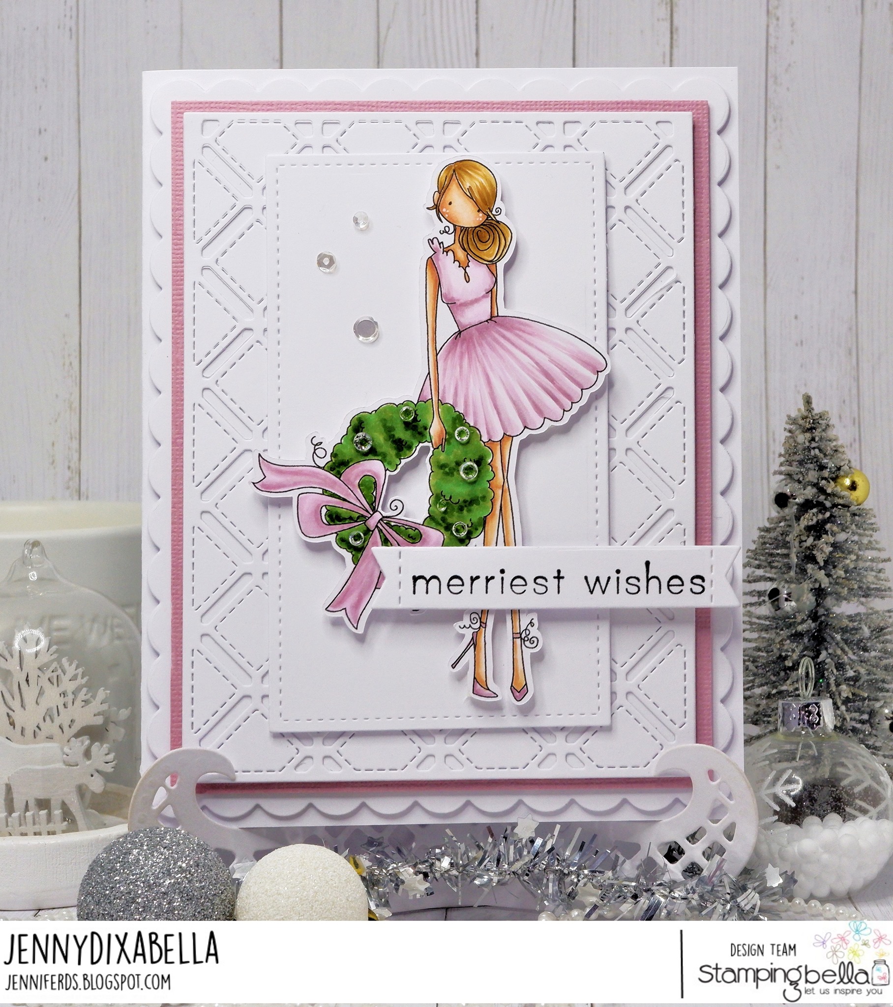 www.stampingbella.com: rubber stamp used: UPTOWN GIRL WREN and her WREATH. Card by Jenny Dix