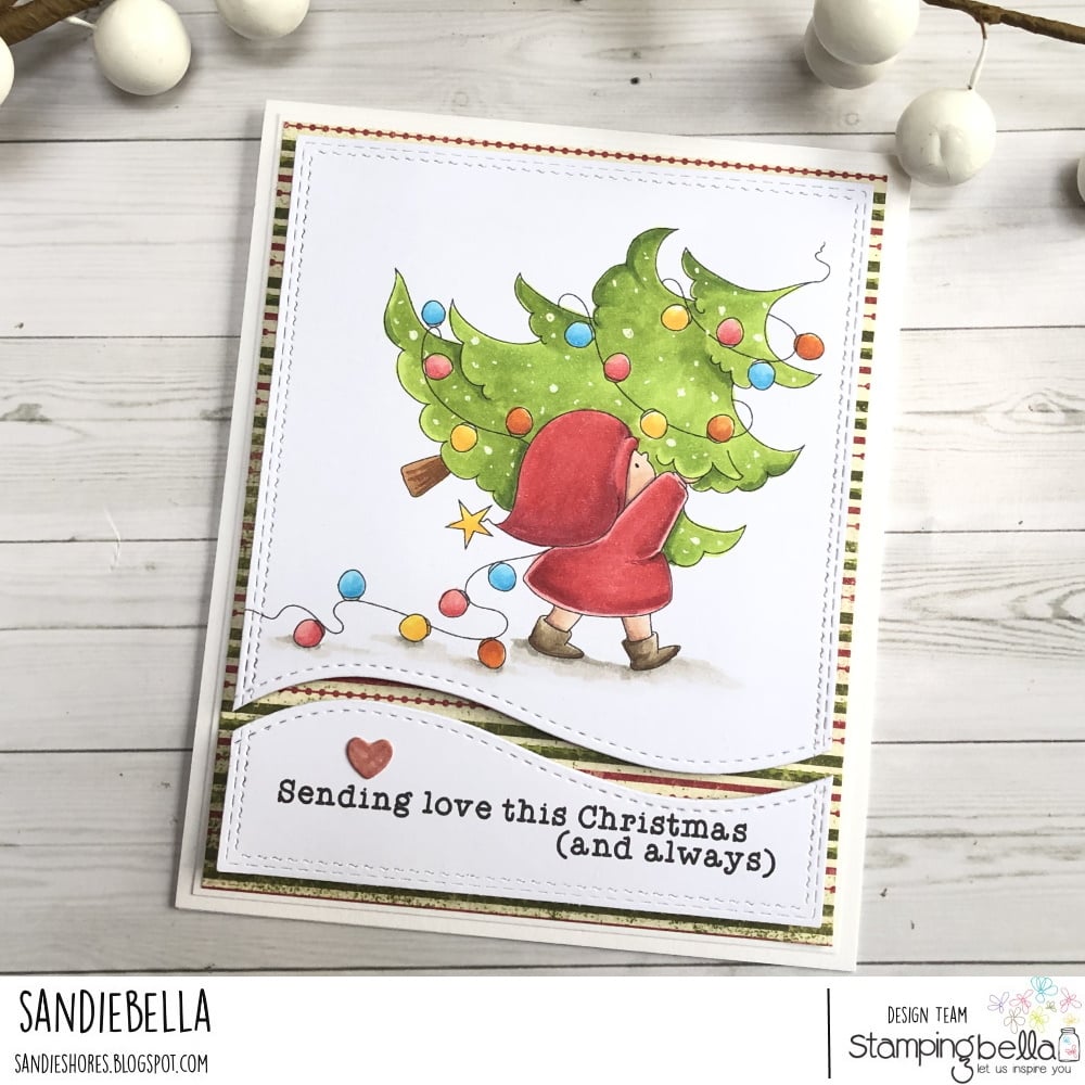 www.stampingbella.com: rubber stamp used: BUNDLE GIRL WITH A TREE. card by Sandie Dunne