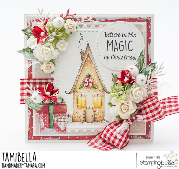 www.stampingbella.com:rubber stamp used: GINGERBREAD HOUSE card by Tamara Potocnik