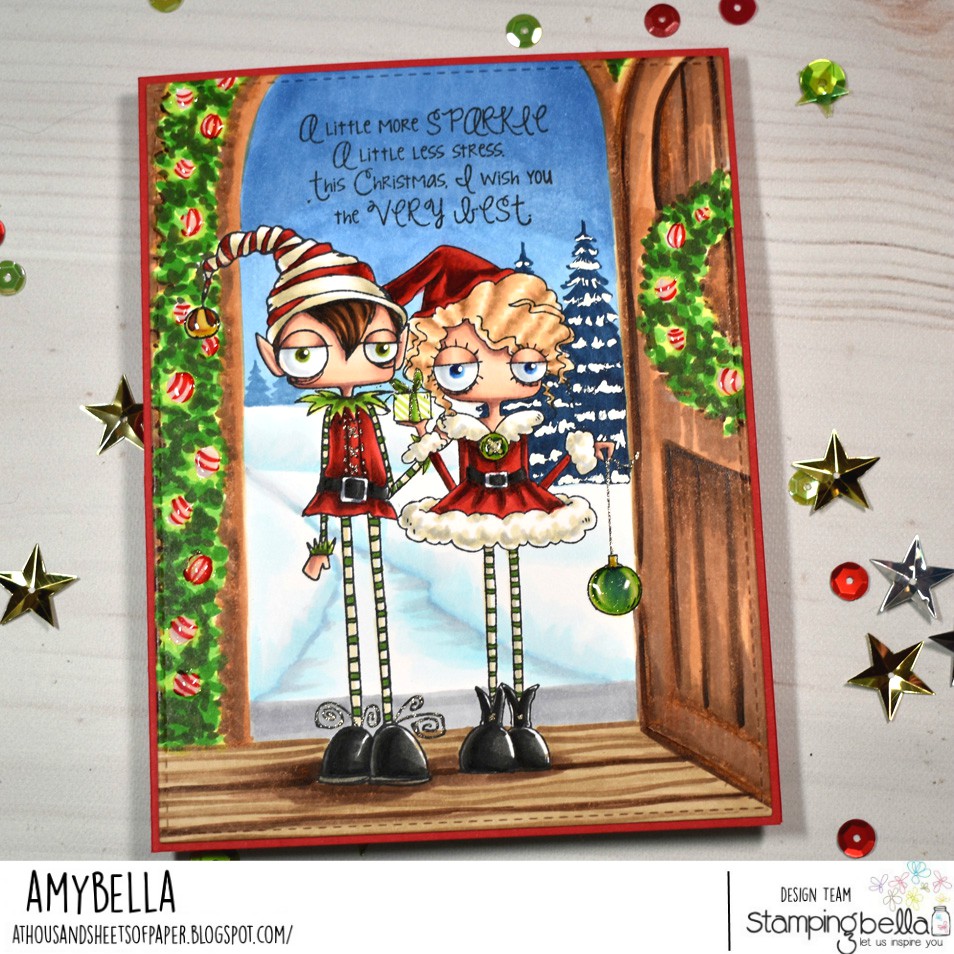 www.stampingbella.com: rubber stamp used: ODDBALL BOY ELF ODDBALL GIRL ELF card by AMY YOUNG