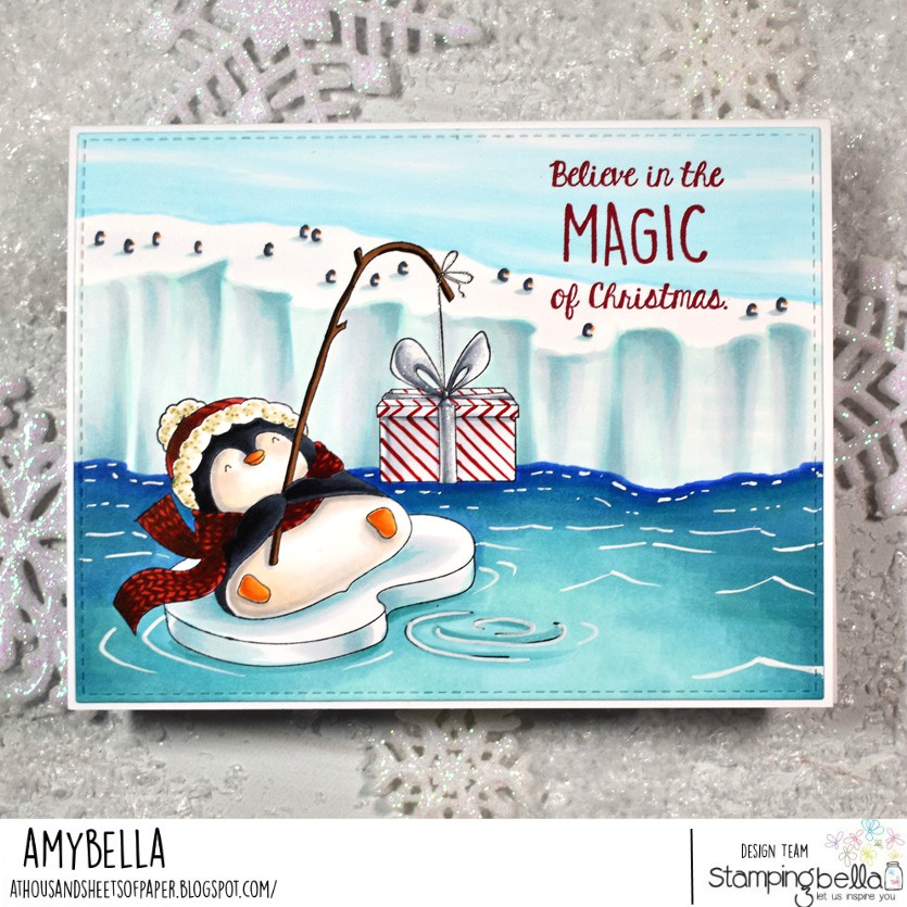 www.stampingbella.com: rubber stamp used: PENGUINS BIG CATCH card by Amy Young