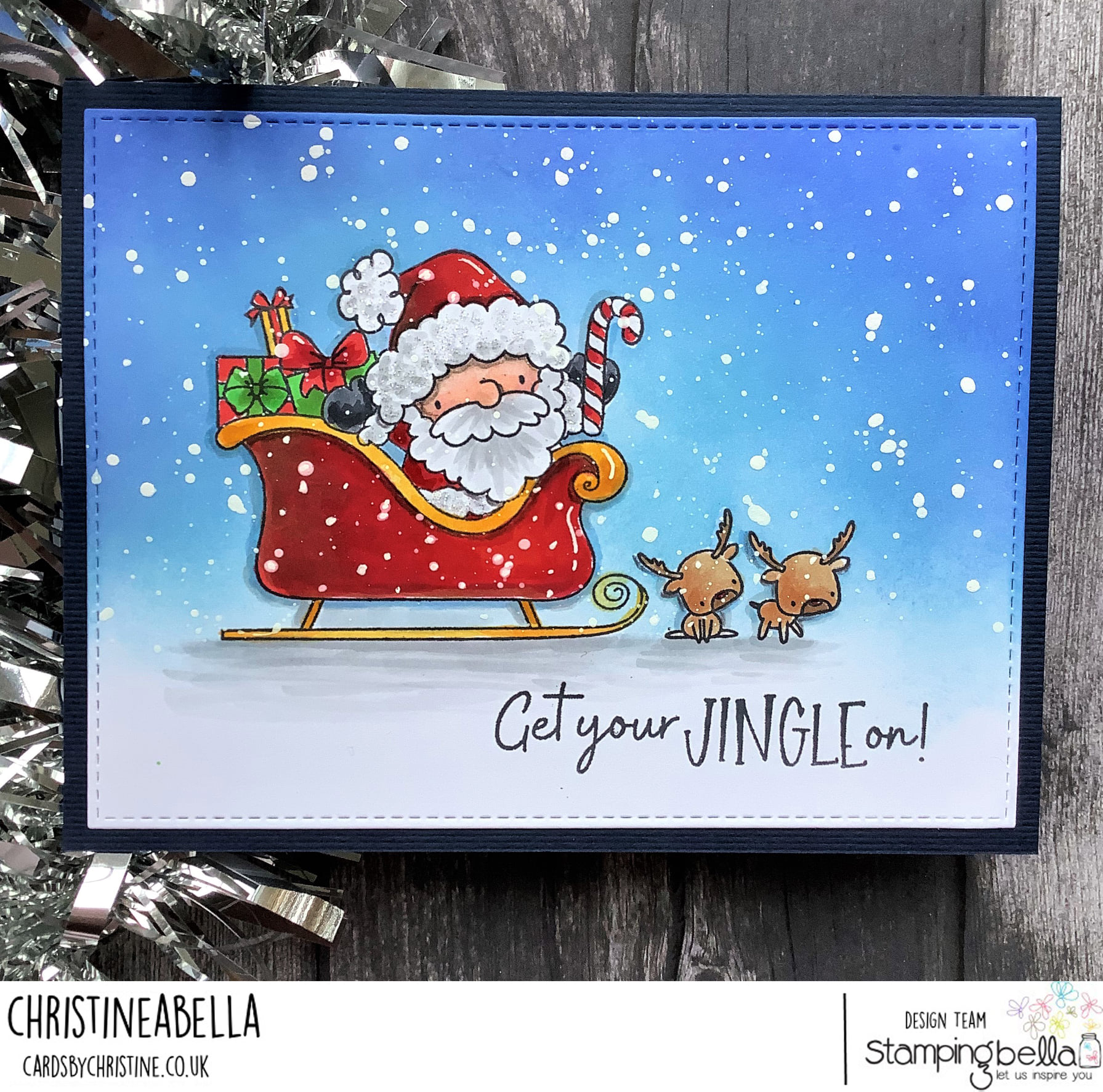 www.stampingbella.com: rubber stamp used LITTLE BITS SANTA and his reindeer. Card by Christine Levison