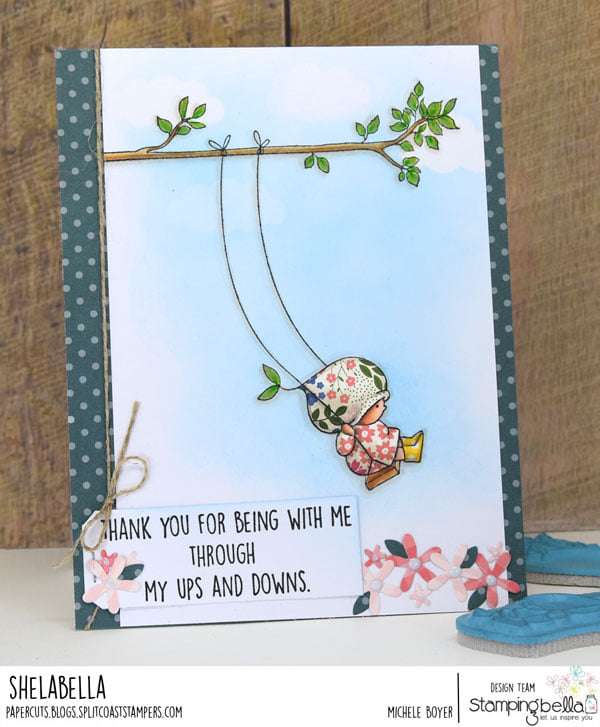 www.stampingbella.com: Rubber stamp used BUNDLE GIRL ON A SWING, CARD BY MICHELE BOYER