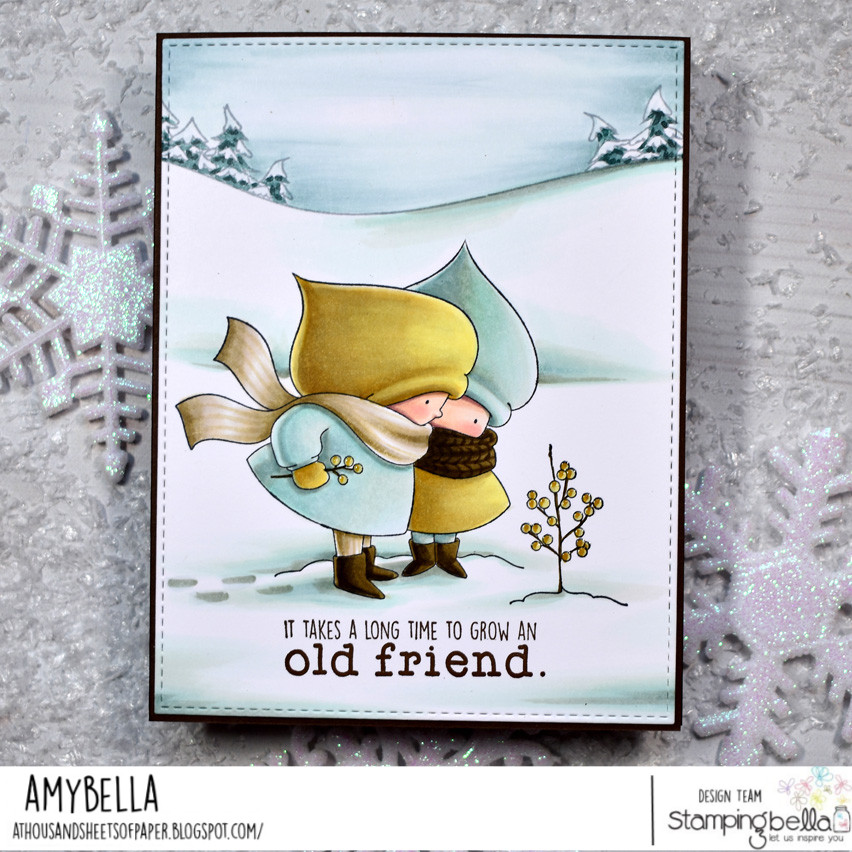 www.stampingbella.com: rubber stamp used: BUNDLE GIRL WINTER FRIENDS, card by Amy Young