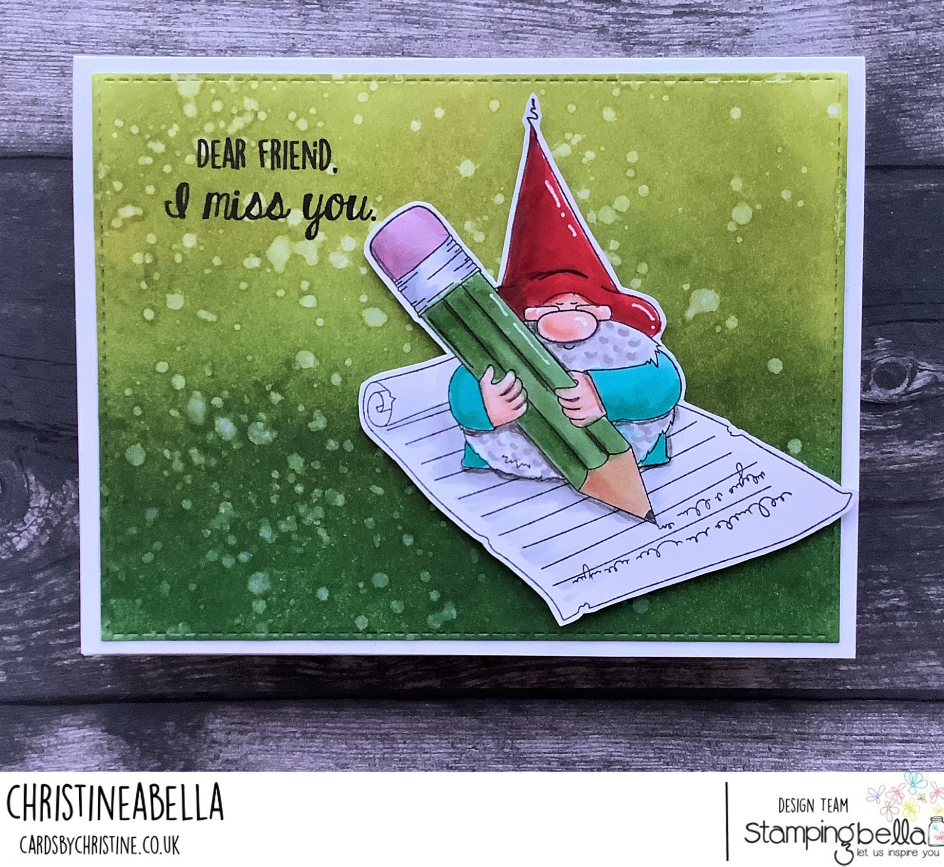 www.stampingbella.com: rubber stamp used: THE GNOME and the LETTER card by Christine Levison