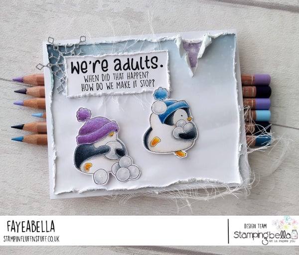 www.stampingbella.com: Rubber stamp used SNOWFIGHT PENGUINS, card by Faye Wynn Jones