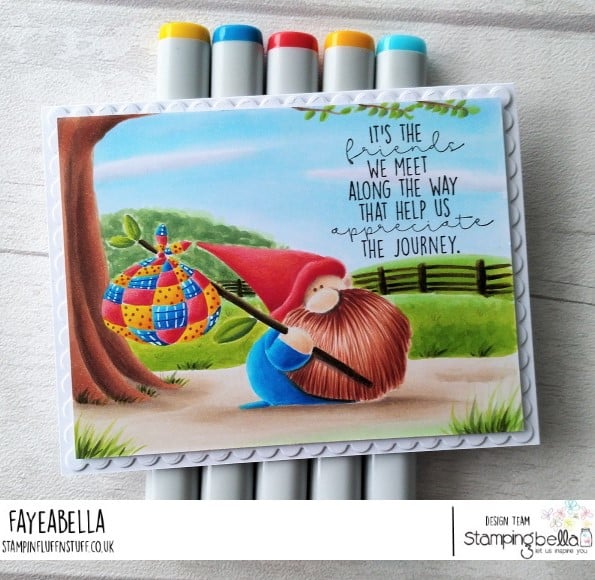 www.stampingbella.com: rubber stamp used: TRAVELING GNOME card by FAYE WYNN JONES