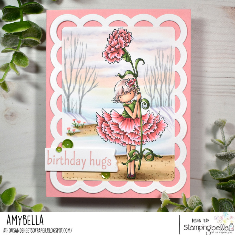 www.stampingbella.com: rubber stamp used: TINY TOWNIE GARDEN GIRL CARNATION. card by Amy Young