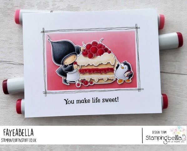 www.stampingbella.com: rubber stamp used: BUNDLE GIRL AND PENGUIN BAKE A CAKE.  card by Faye Wynn Jones