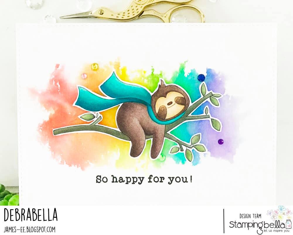 www.stampingbella.com: rubber stamp used: SLOTH ON A BRANCH.  card by Debra James