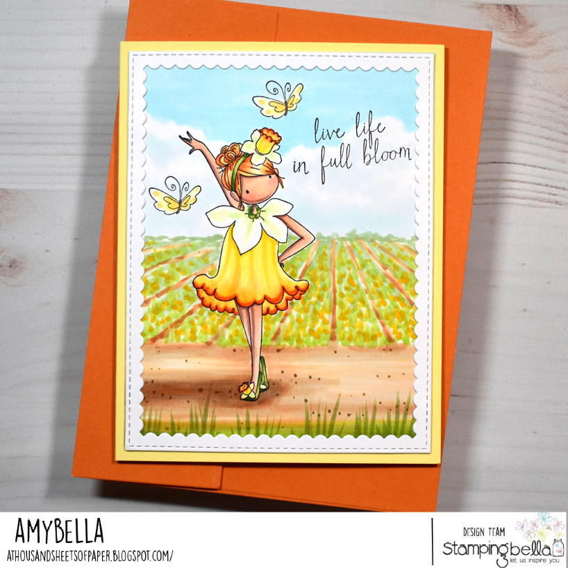 Www.stampingbella.com rubber stamp used: tiny townie garden girl daffodil card by Amy Young